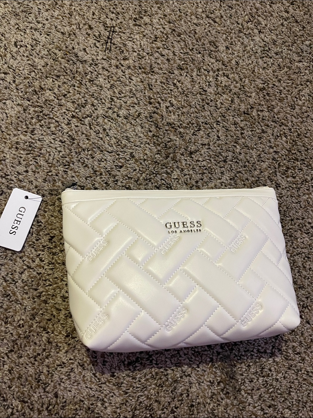 GUESS Cream Quilted Zip Pouch